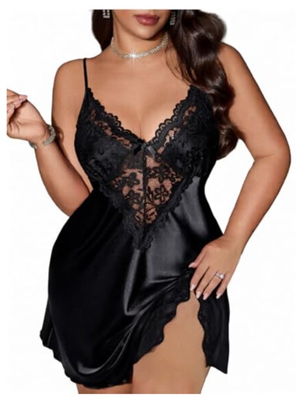 Satin Lace Chemise Babydoll Nightgown with Side Slits and Thong